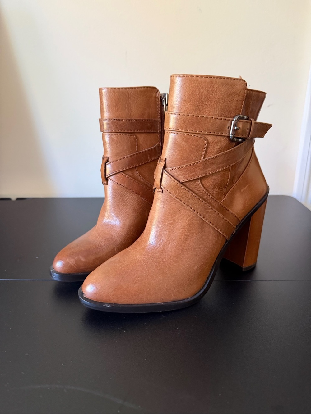 Vince Camuto Cognac Leather Strapped Block Heel Booties